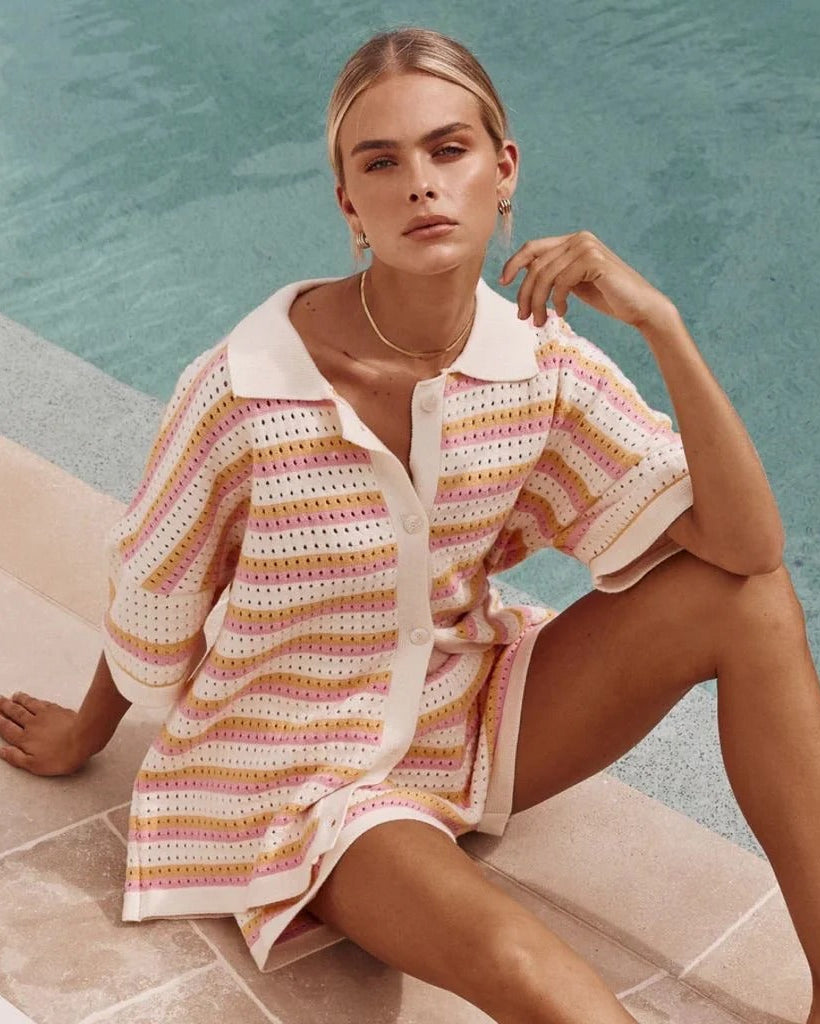 Women's striped knit button-up shirt and shorts vacation set