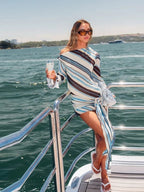 Women's striped long sleeve mini summer dress with wrap tie