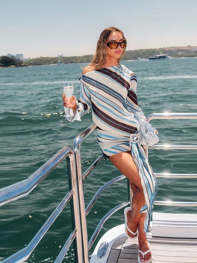 Women's striped long sleeve mini summer dress with wrap tie