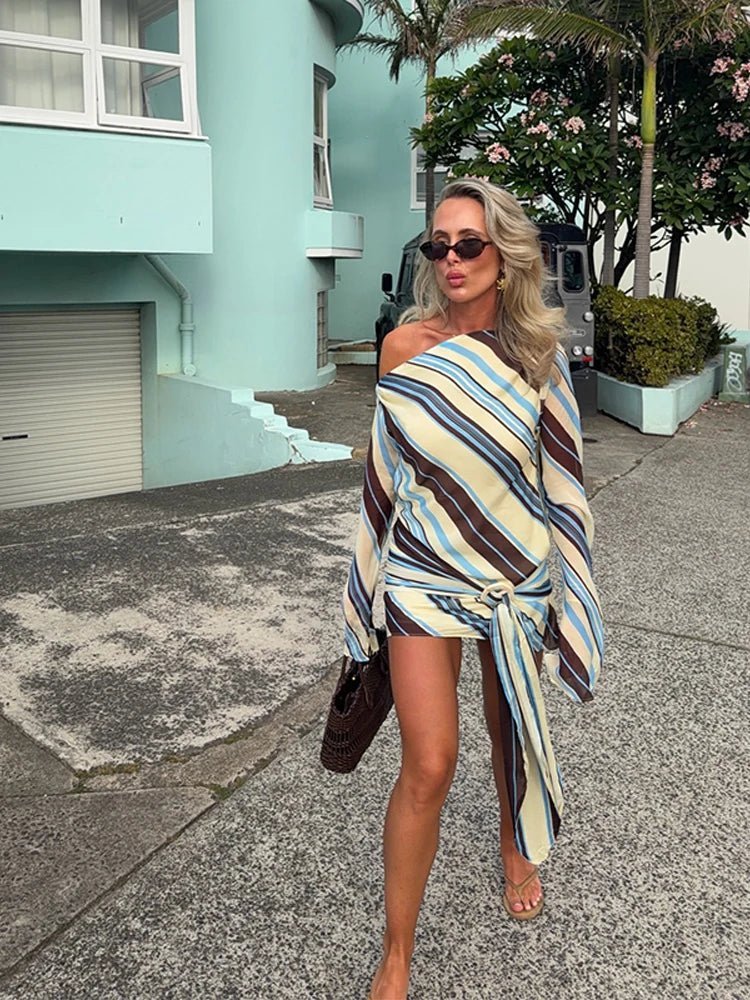 Women's striped long sleeve mini summer dress with wrap tie
