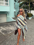 Women's striped long sleeve mini summer dress with wrap tie