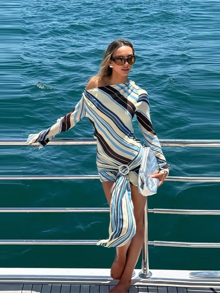 Women's striped long sleeve mini summer dress with wrap tie