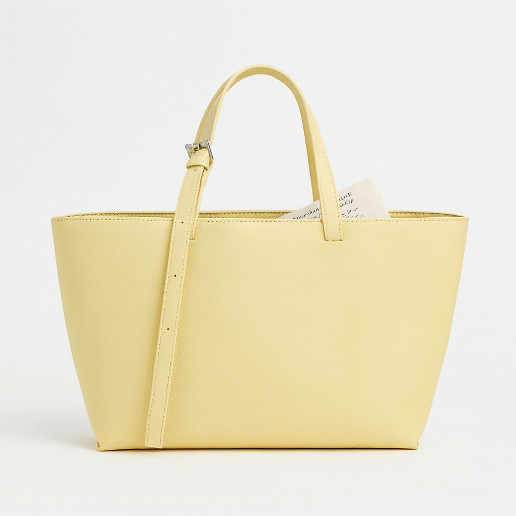 Women's structured open-top tote bag with adjustable crossbody strap