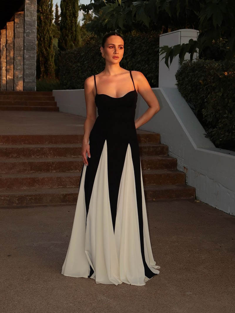 Women's sweetheart neck colour-block maxi evening dress