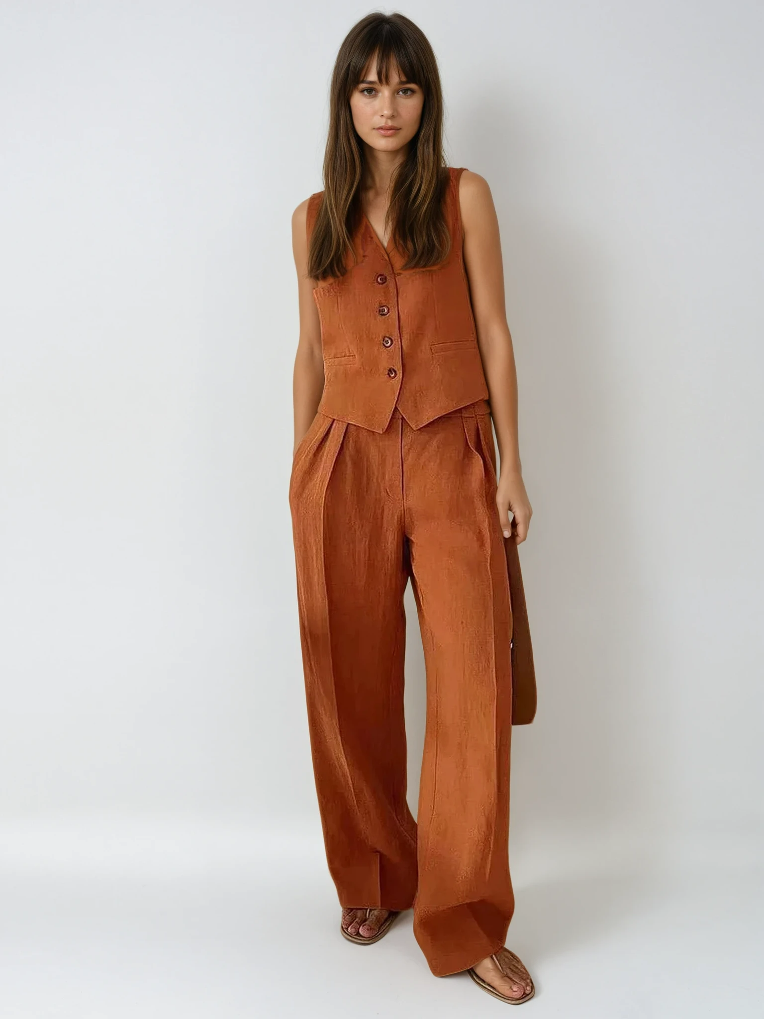 Women's tailored linen vest and wide-leg trousers set