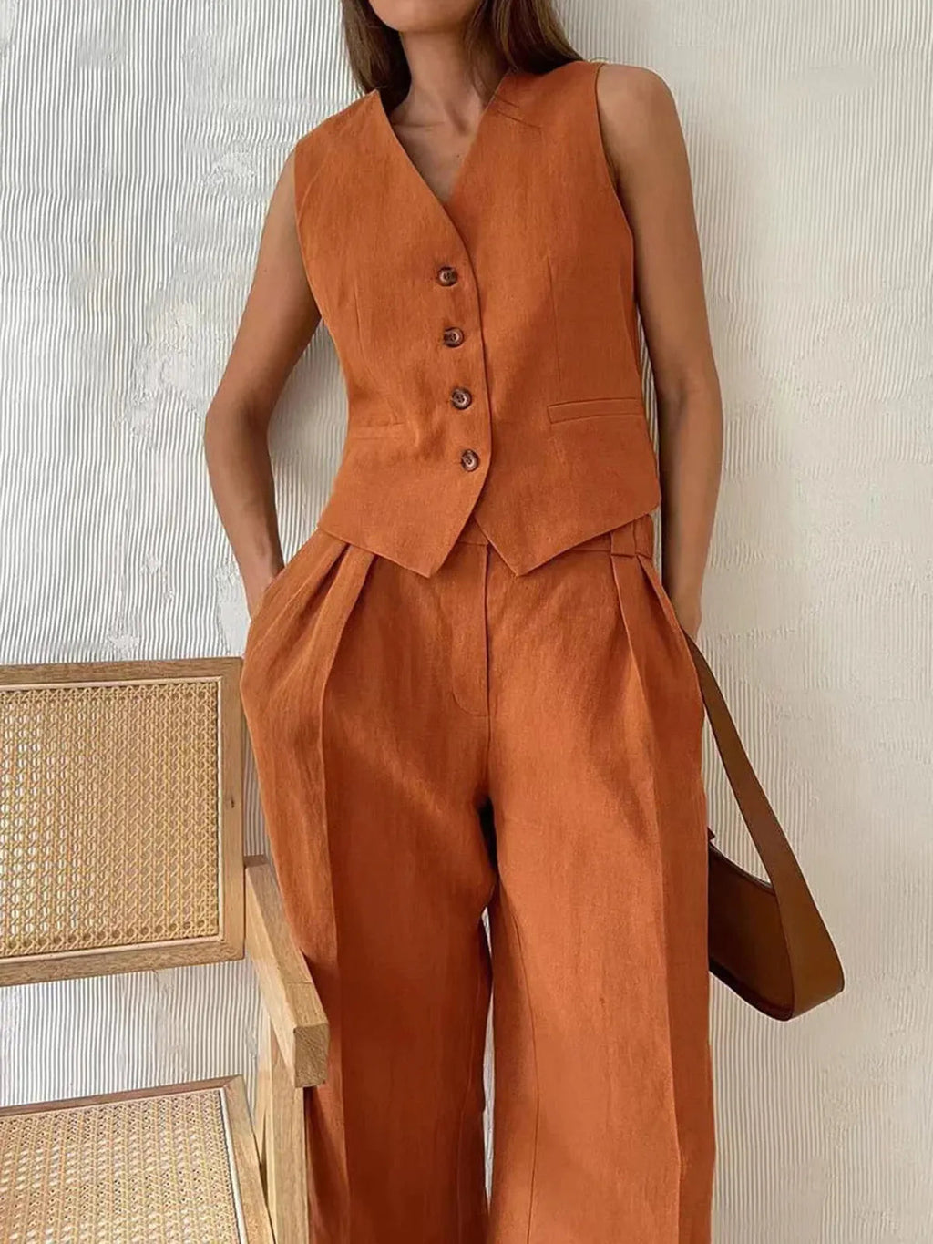 Women's tailored linen vest and wide-leg trousers set