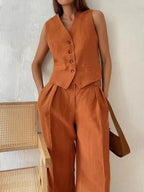 Women's tailored linen vest and wide-leg trousers set