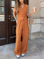Women's tailored linen vest and wide-leg trousers set