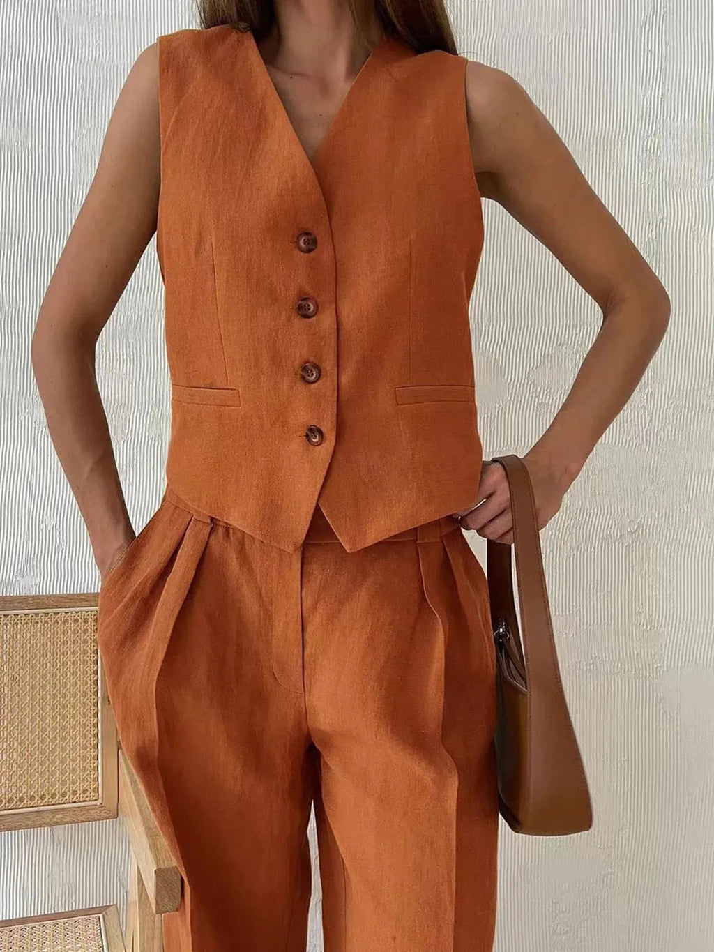 Women's tailored linen vest and wide-leg trousers set