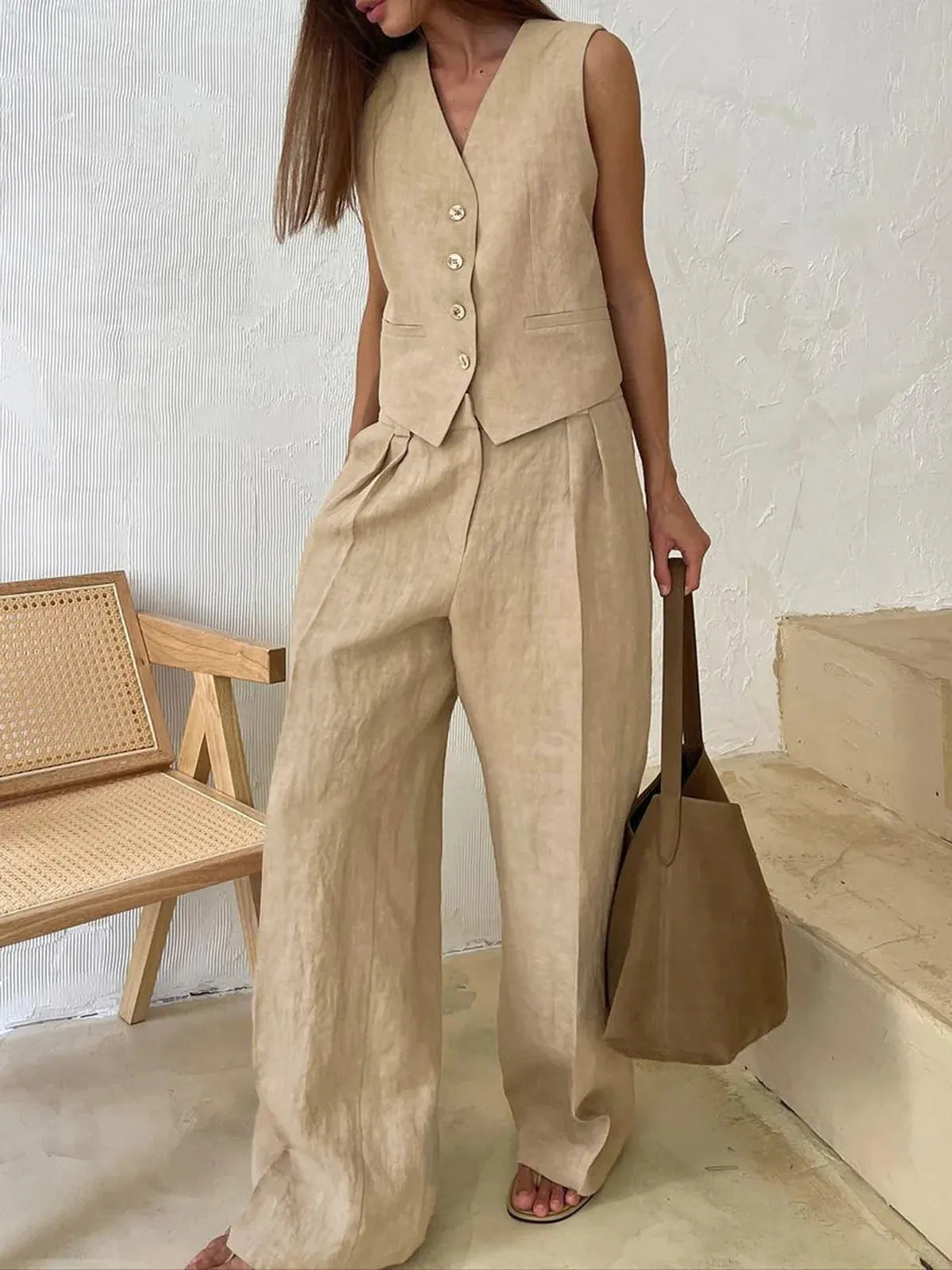 Women's tailored linen vest and wide-leg trousers set