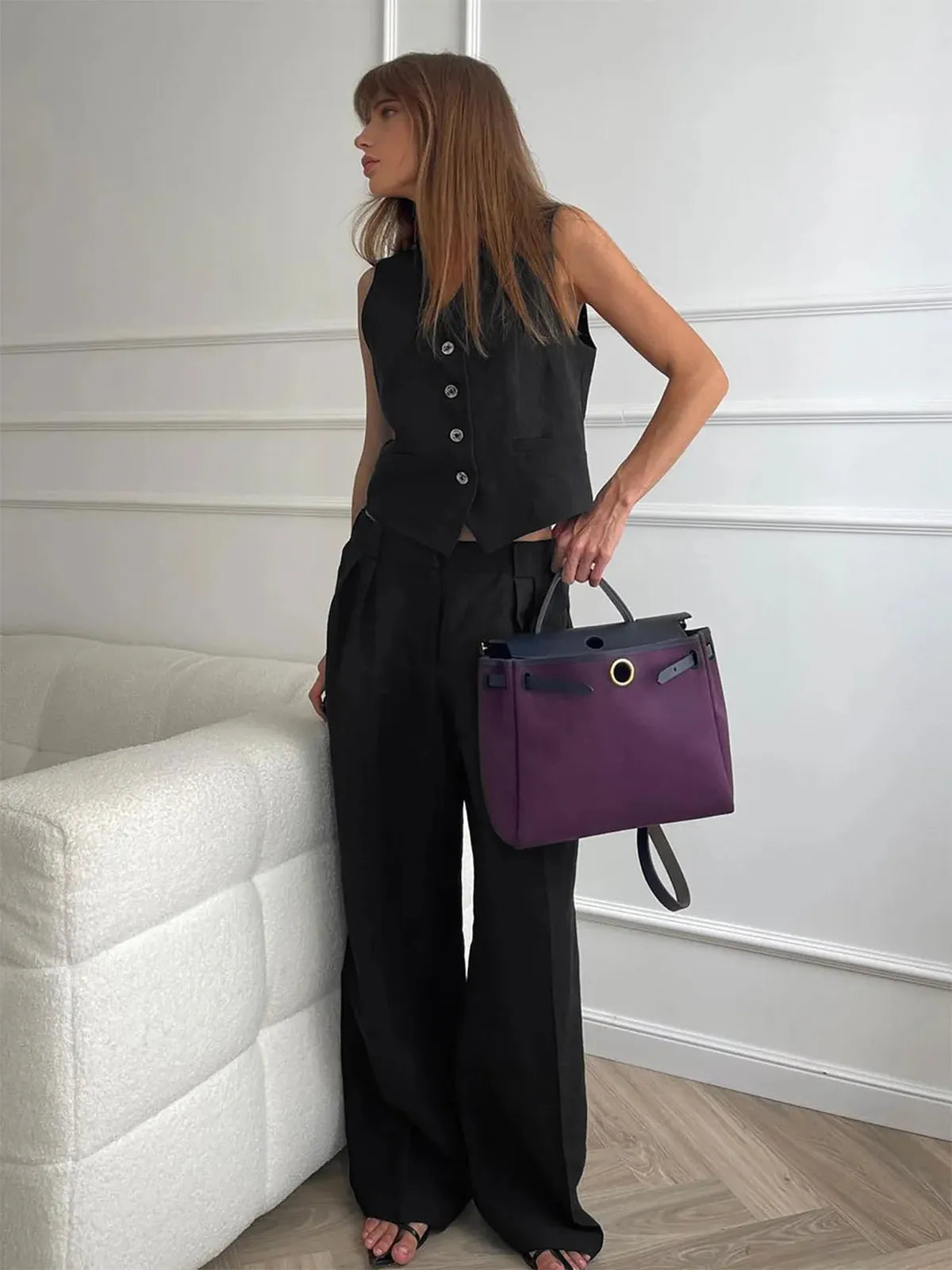 Women's tailored linen vest and wide-leg trousers set