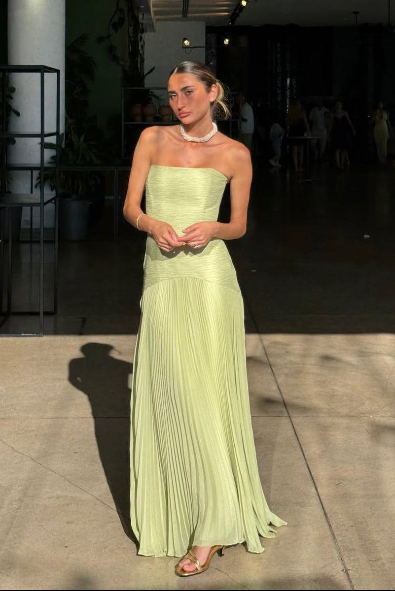 Women's textured bodice pleated skirt strapless maxi wedding guest dress