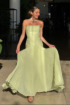 Women's textured bodice pleated skirt strapless maxi wedding guest dress