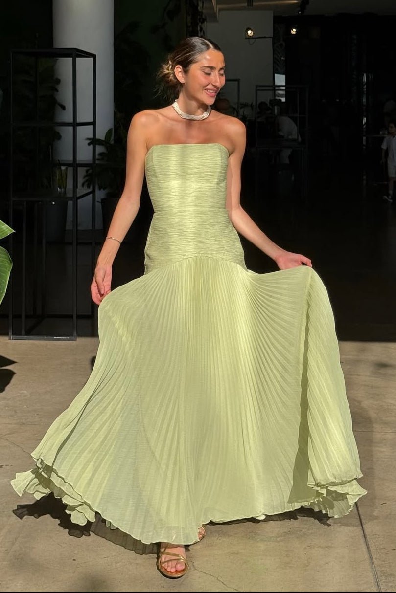 Women's textured bodice pleated skirt strapless maxi wedding guest dress