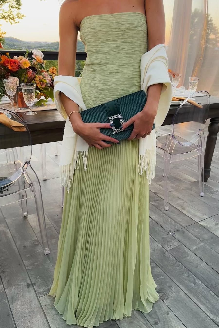 Women's textured bodice pleated skirt strapless maxi wedding guest dress