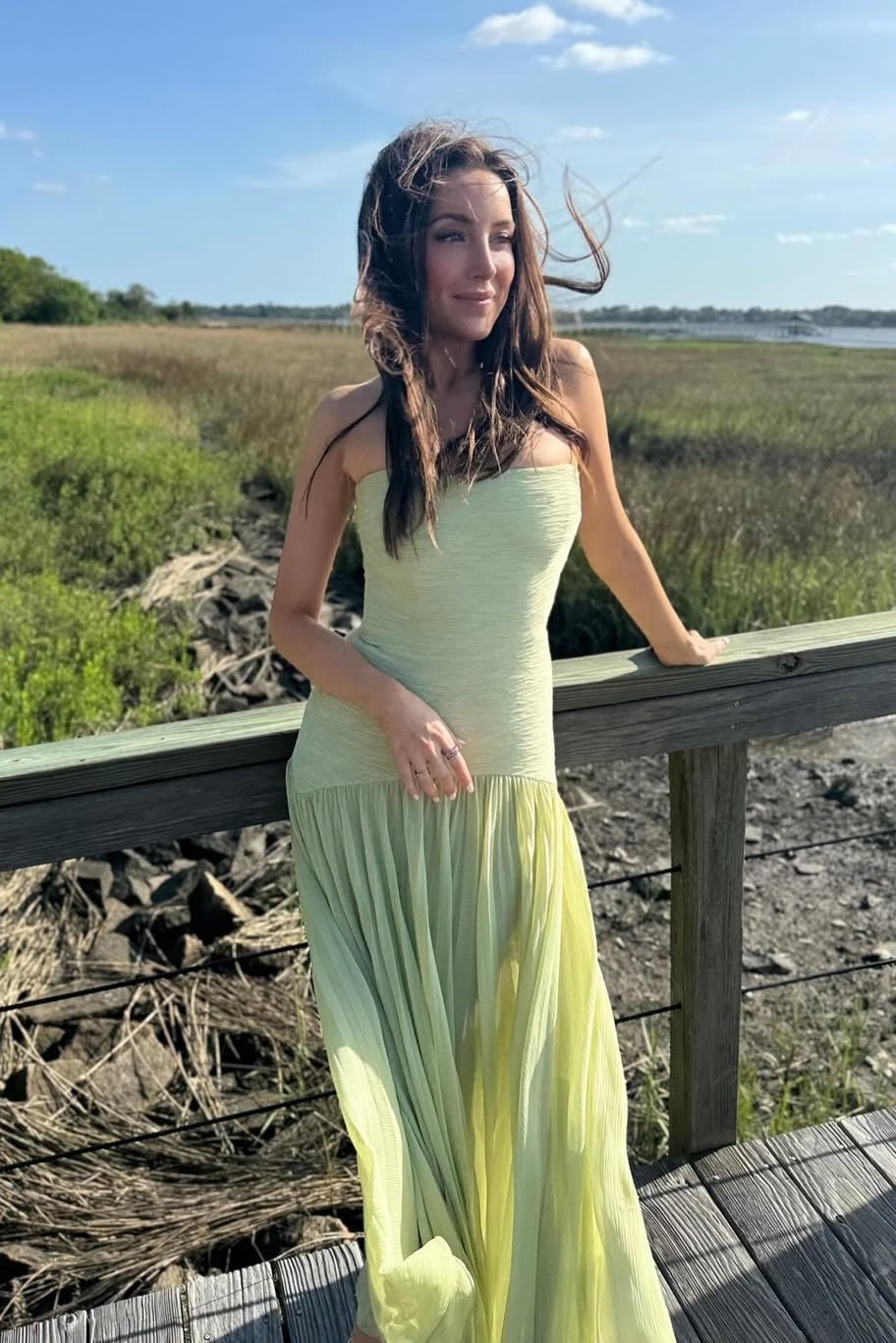 Women's textured bodice pleated skirt strapless maxi wedding guest dress