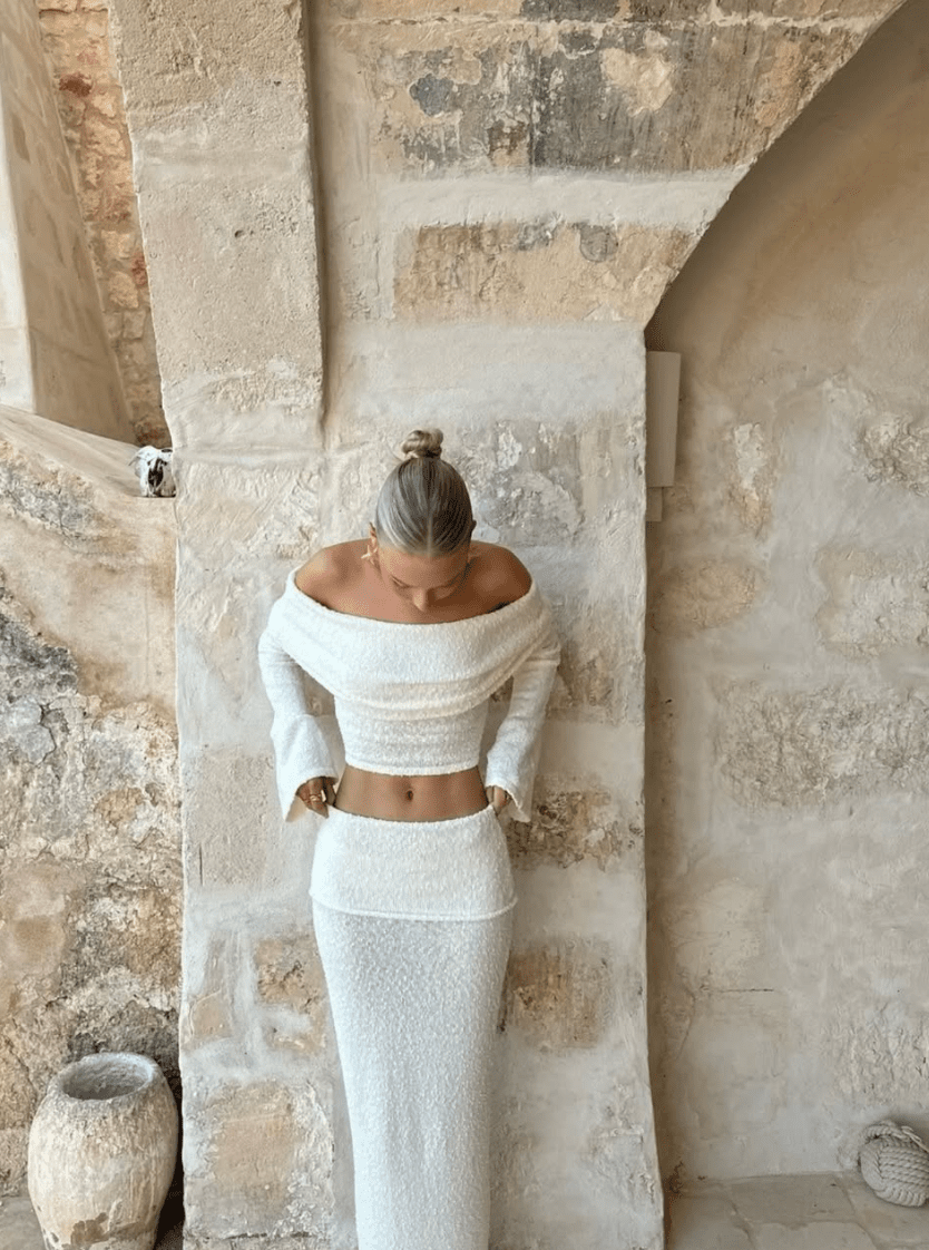 Women's off-shoulder crop top and midi skirt summer set