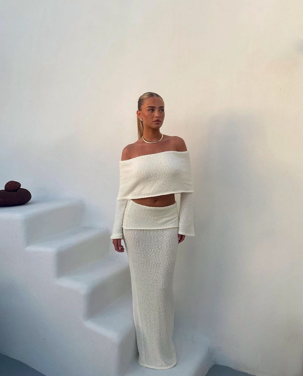 Women's off-shoulder crop top and midi skirt summer set