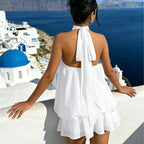 Women's tie-back halter mini summer dress with tiered ruffle hem