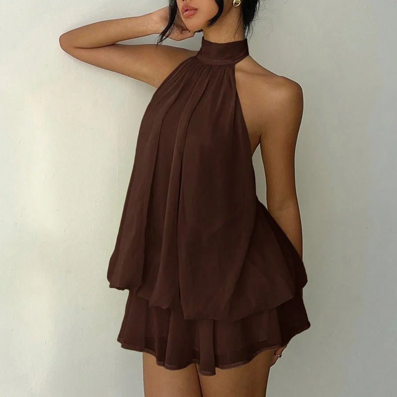 Women's tie-back halter mini summer dress with tiered ruffle hem