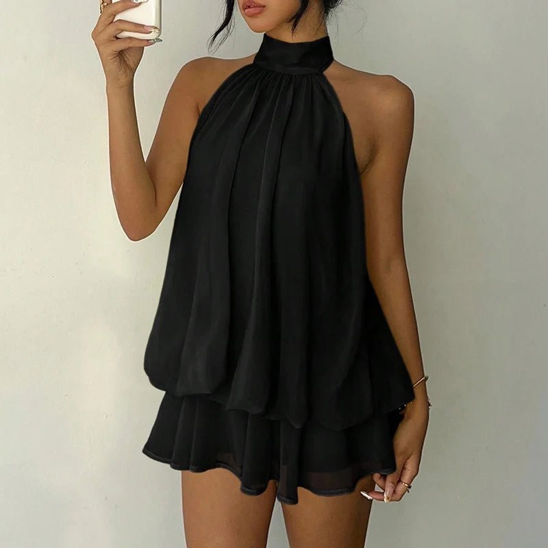 Women's tie-back halter mini summer dress with tiered ruffle hem