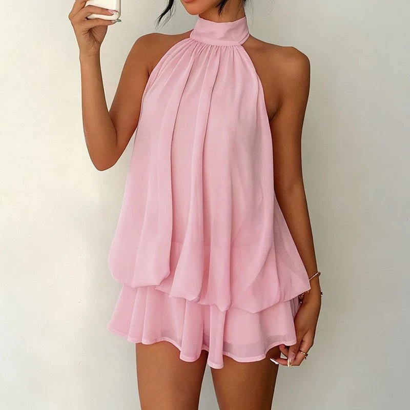 Women's tie-back halter mini summer dress with tiered ruffle hem