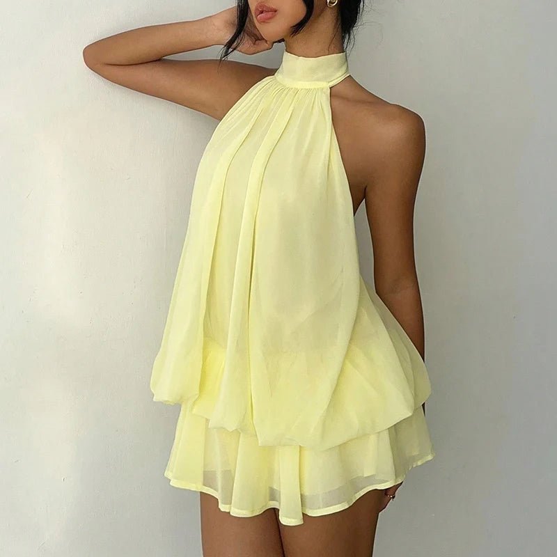 Women's tie-back halter mini summer dress with tiered ruffle hem