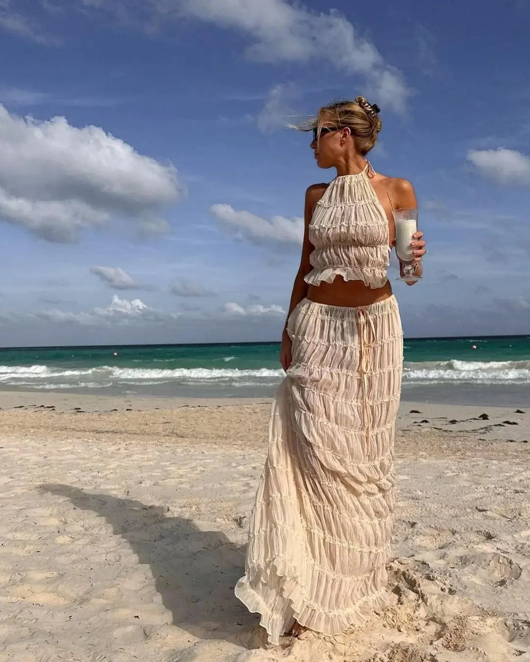 Women's ruffle crop top and maxi skirt set