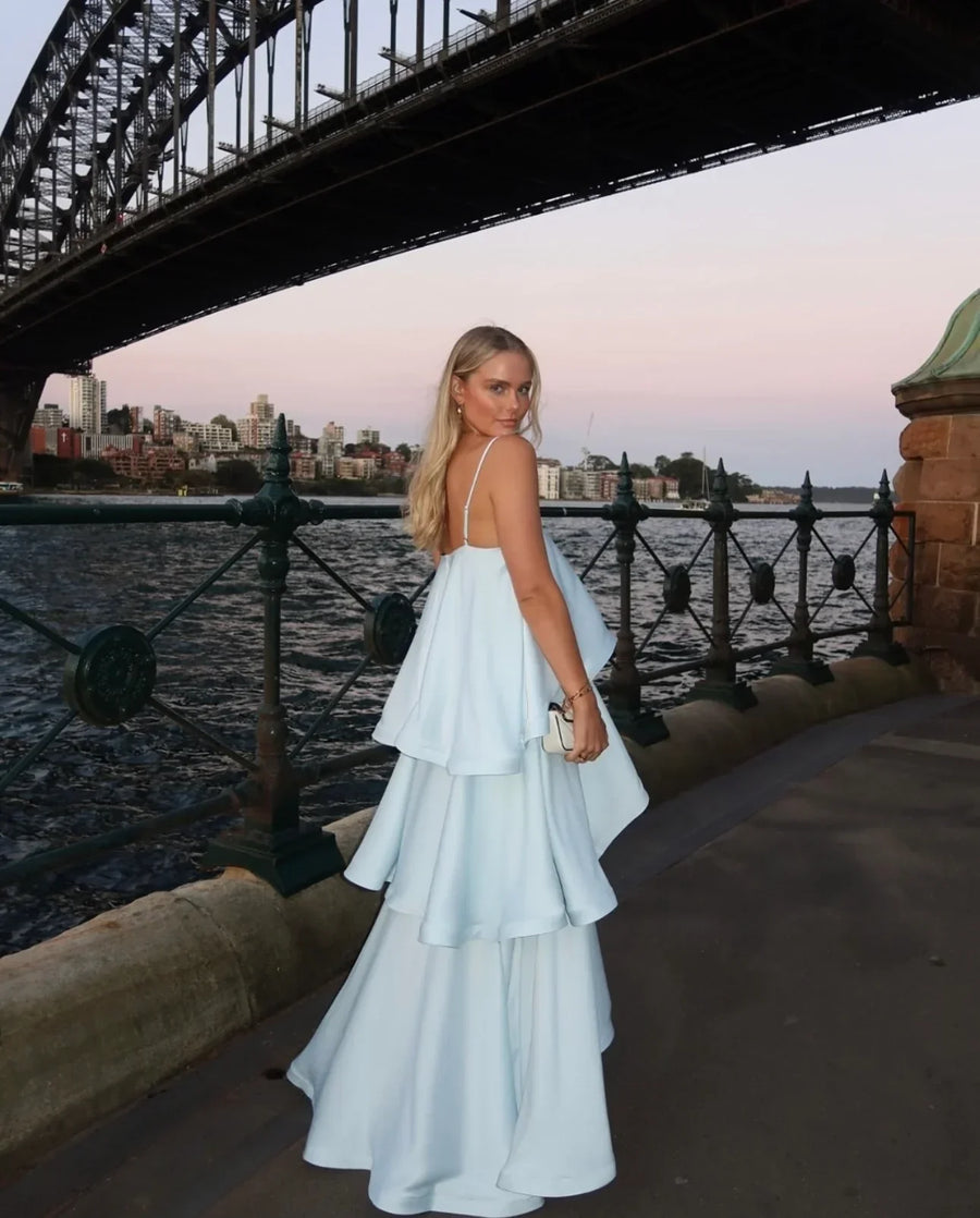 Women's tiered ruffle spaghetti strap maxi wedding guest dress
