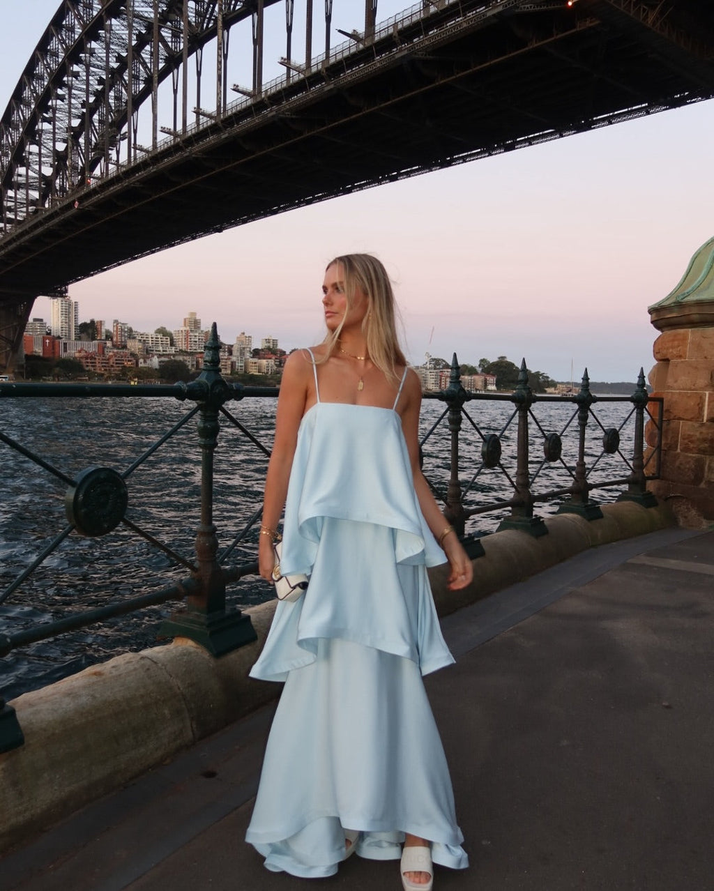 Women's tiered ruffle spaghetti strap maxi wedding guest dress