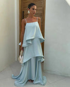 Women's tiered ruffle spaghetti strap maxi wedding guest dress