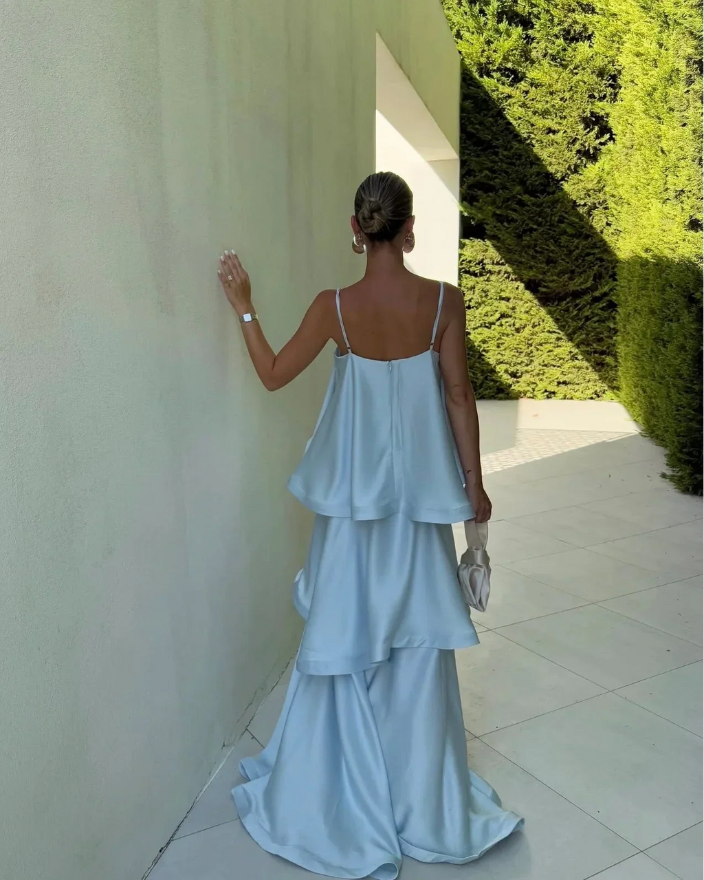 Women's tiered ruffle spaghetti strap maxi wedding guest dress
