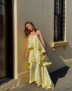 Women's tiered ruffle spaghetti strap maxi wedding guest dress