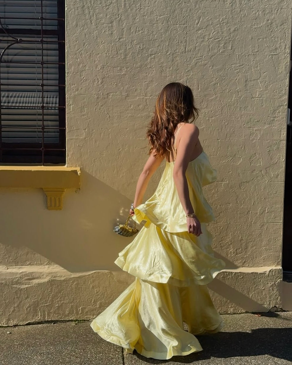 Women's tiered ruffle spaghetti strap maxi wedding guest dress