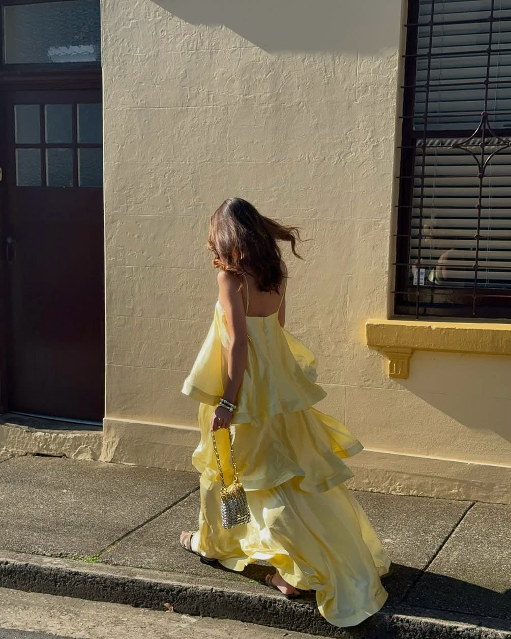 Women's tiered ruffle spaghetti strap maxi wedding guest dress