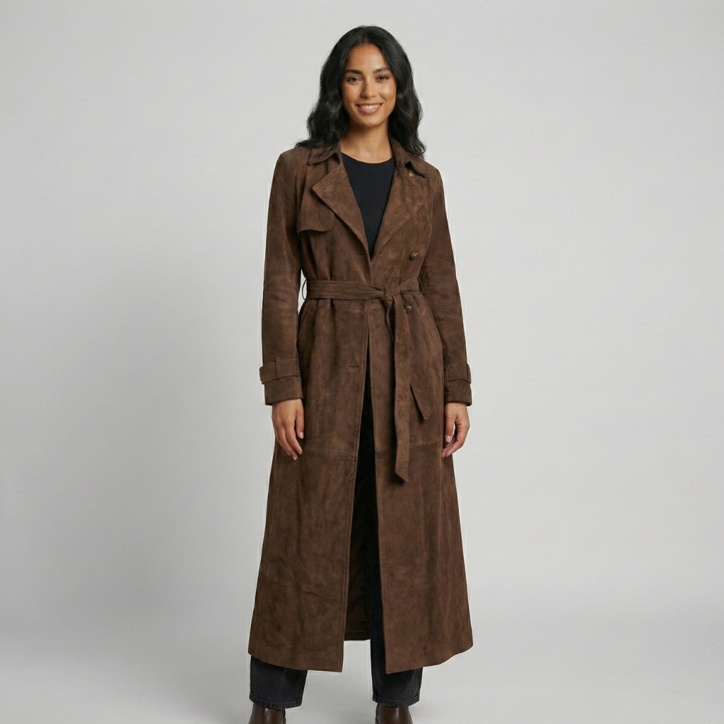 Women's trench coat with belt and lapel collar