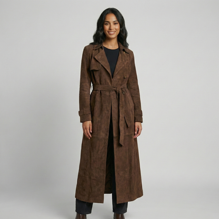 Women's trench coat with belt and lapel collar
