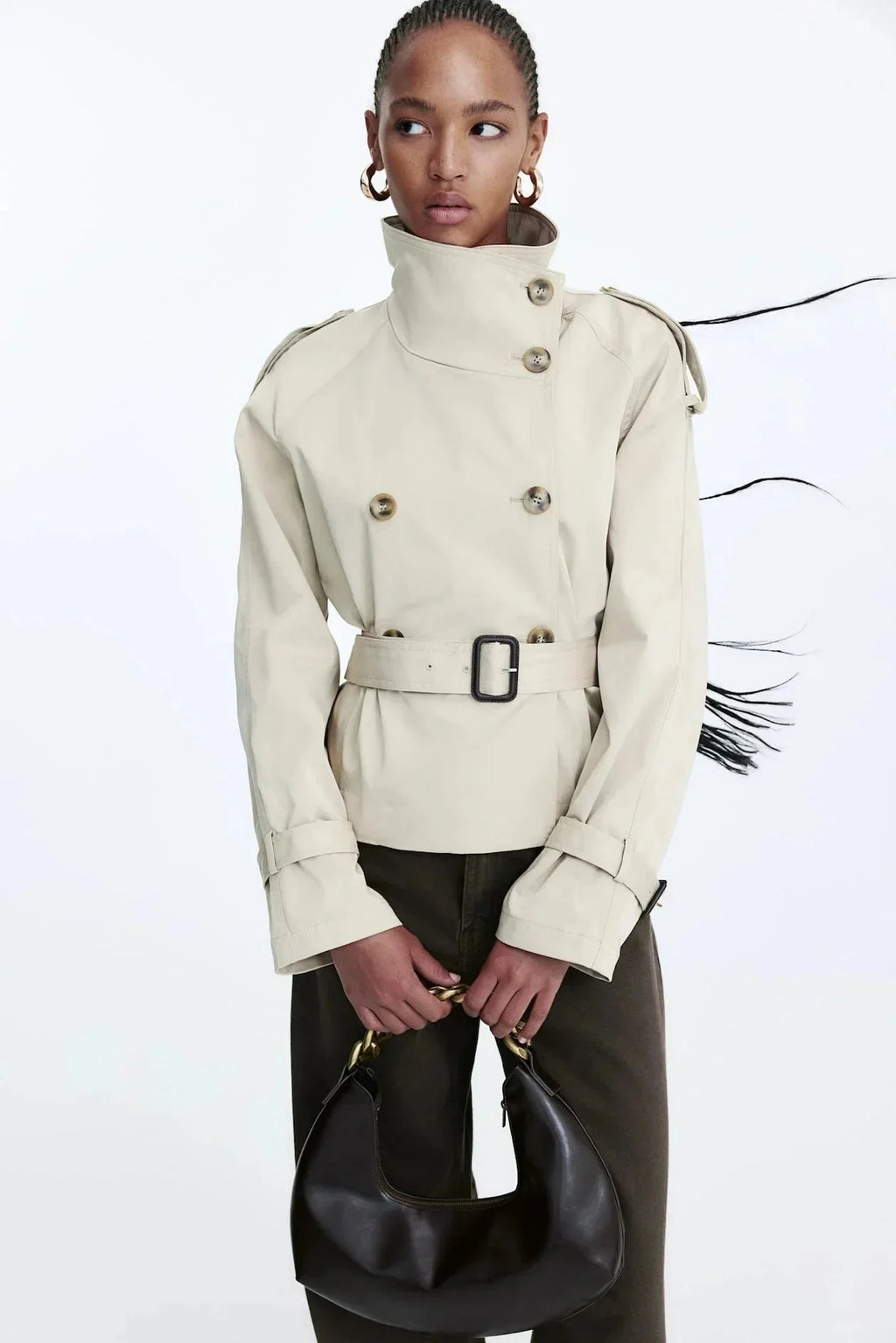 Women's trench coat with high collar and tie belt