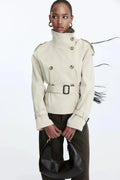 Women's trench coat with high collar and tie belt