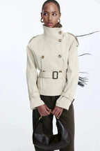 Women's trench coat with high collar and tie belt