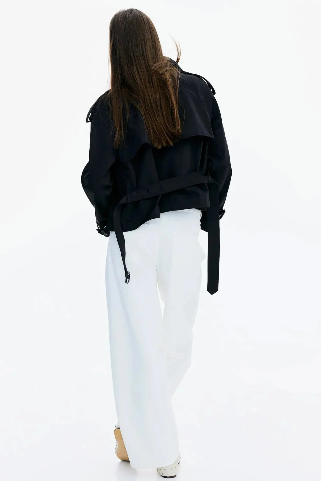 Women's trench coat with high collar and tie belt