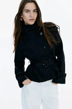 Women's trench coat with high collar and tie belt