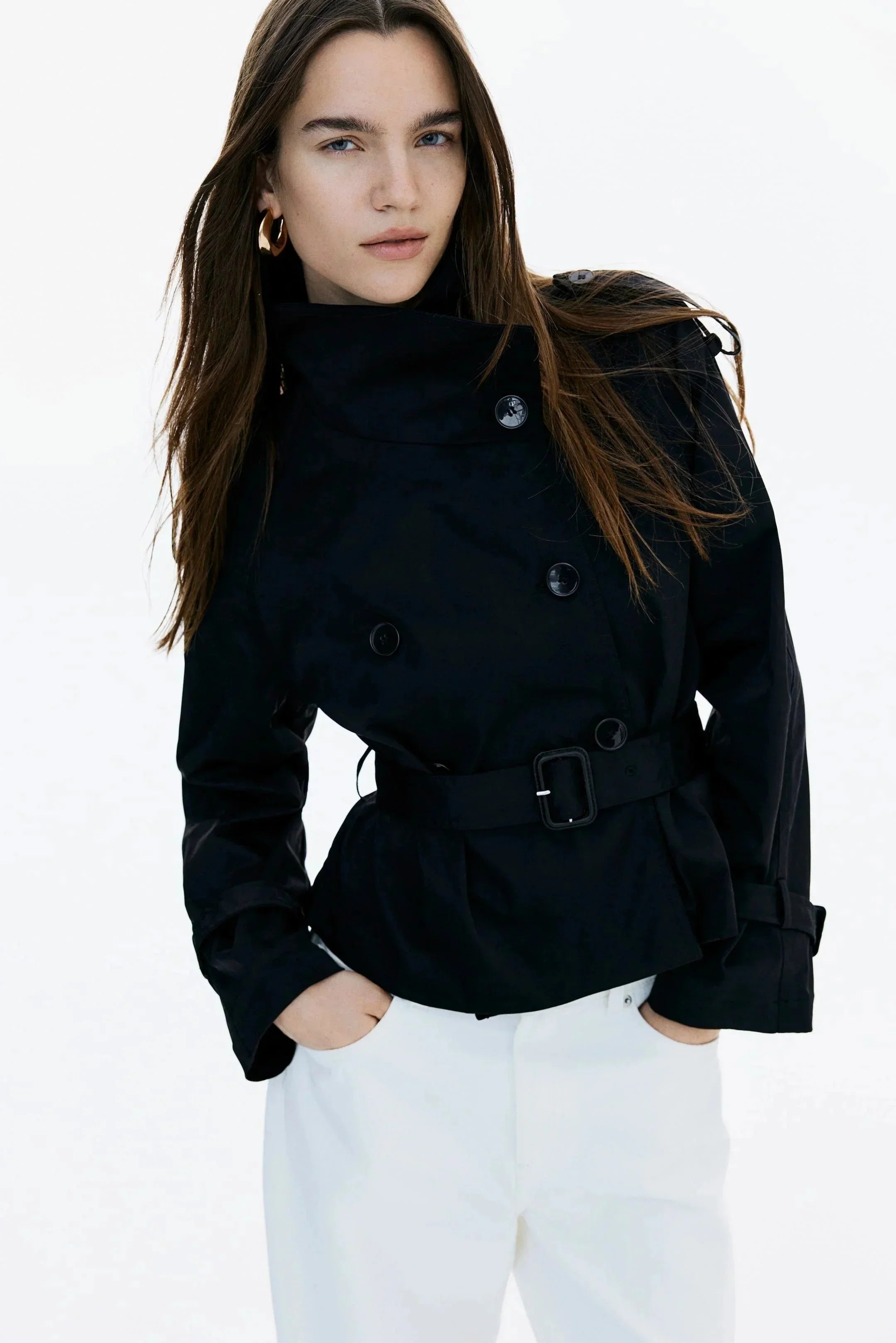 Women's trench coat with high collar and tie belt