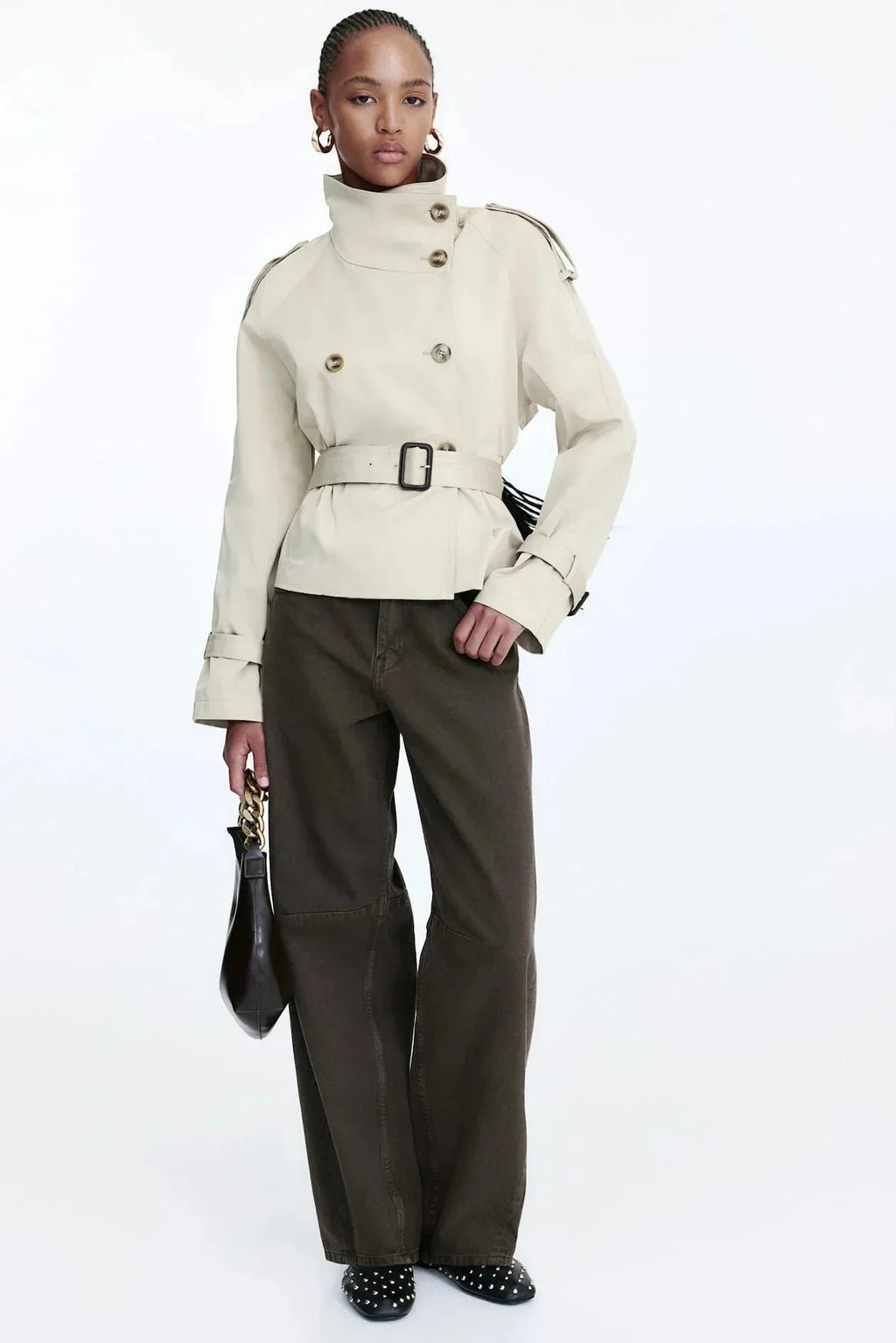 Women's trench coat with high collar and tie belt