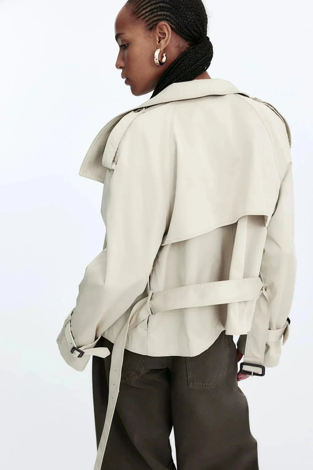 Women's trench coat with high collar and tie belt