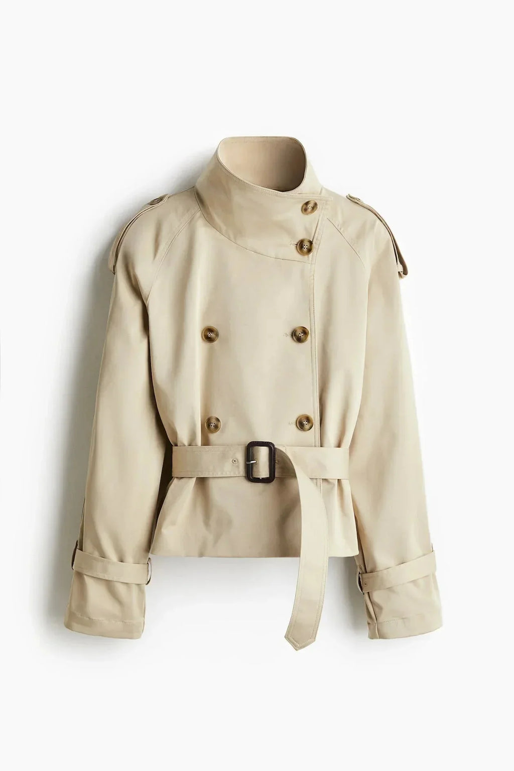 Women's trench coat with high collar and tie belt