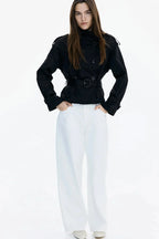 Women's trench coat with high collar and tie belt