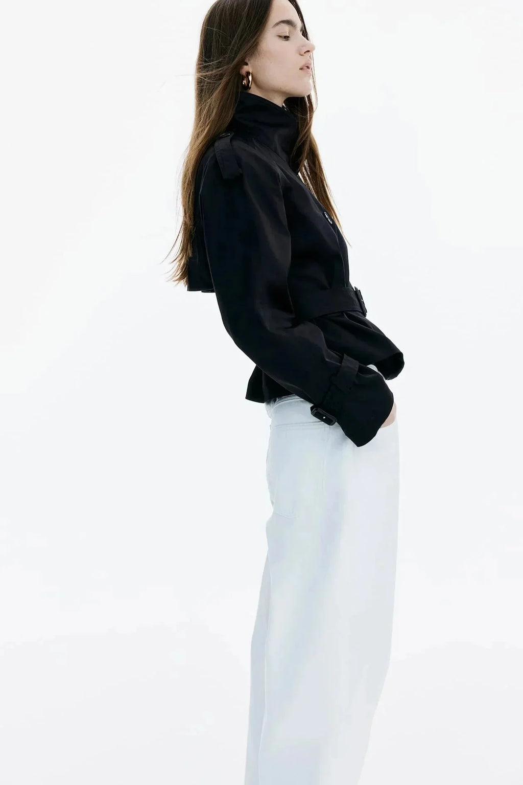 Women's trench coat with high collar and tie belt