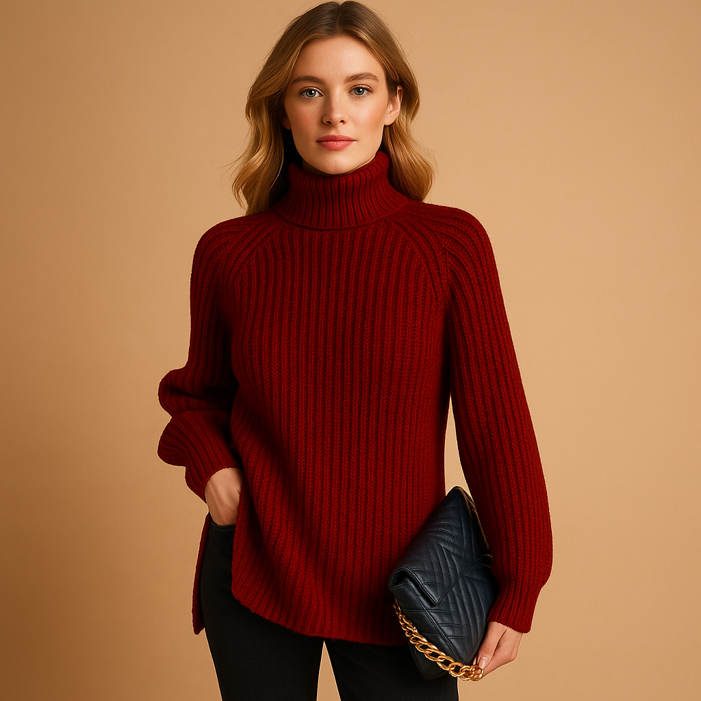 Women's turtleneck sweater with ribbed collar and long sleeves