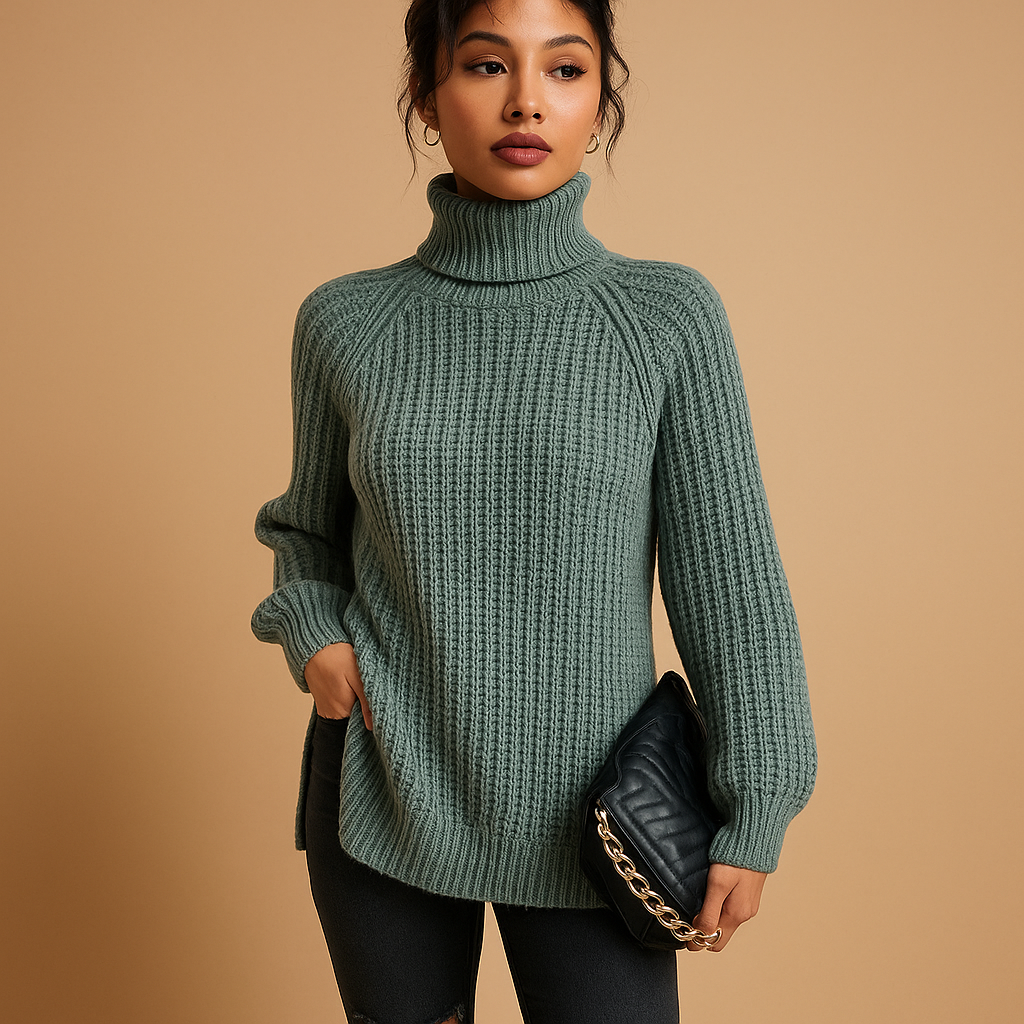 Women's turtleneck sweater with ribbed collar and long sleeves